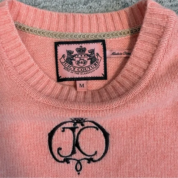 Juicy Couture Pink Cashmere Wool Sweater Pullover Embroidered Crew Women Medium - Picture 9 of 14